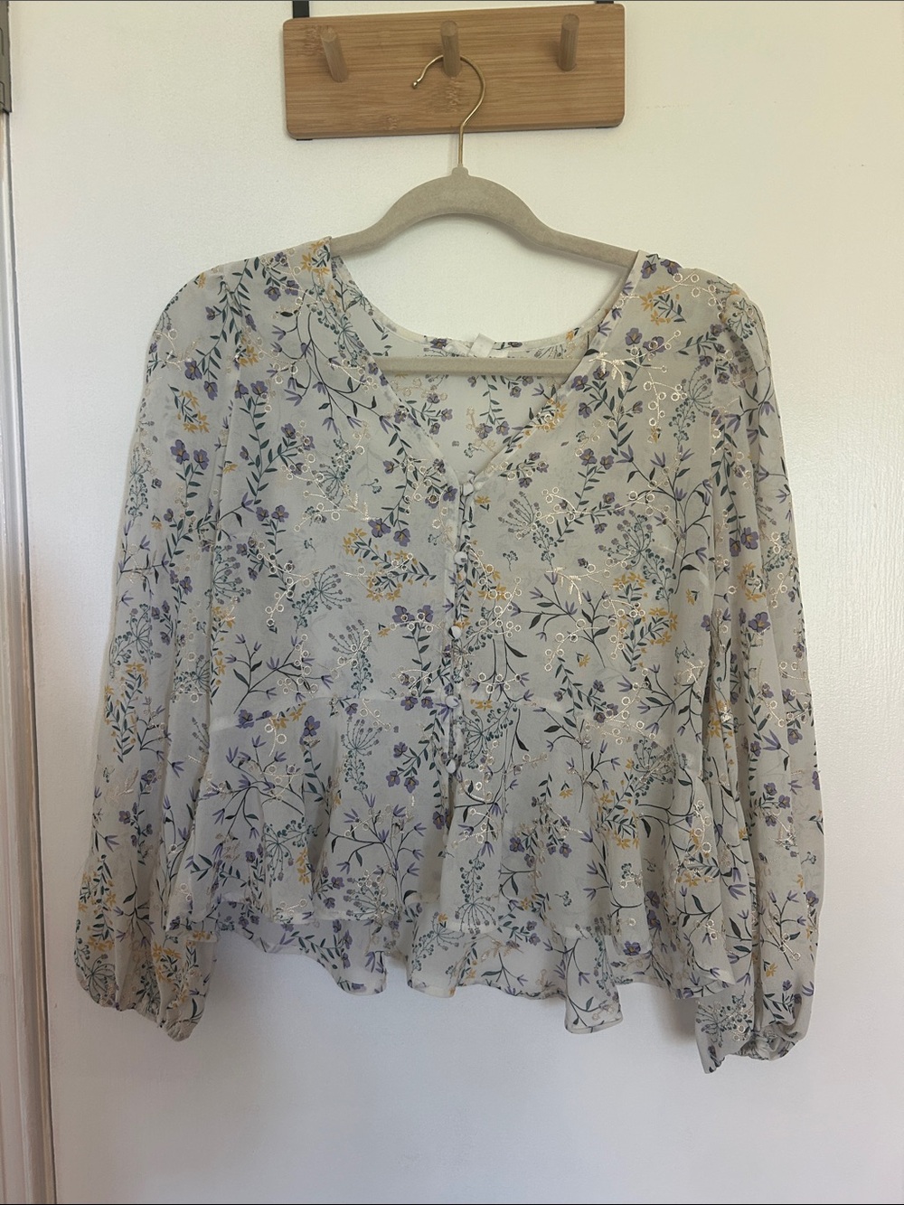 Blu Pepper Cream Floral Peasant Blouse with Yellow & Purple Accents